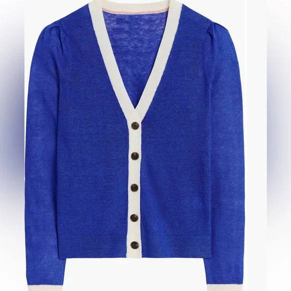 Boden Liv Linen Cardigan in bright blue with white bordering varsity size XL - Picture 3 of 12